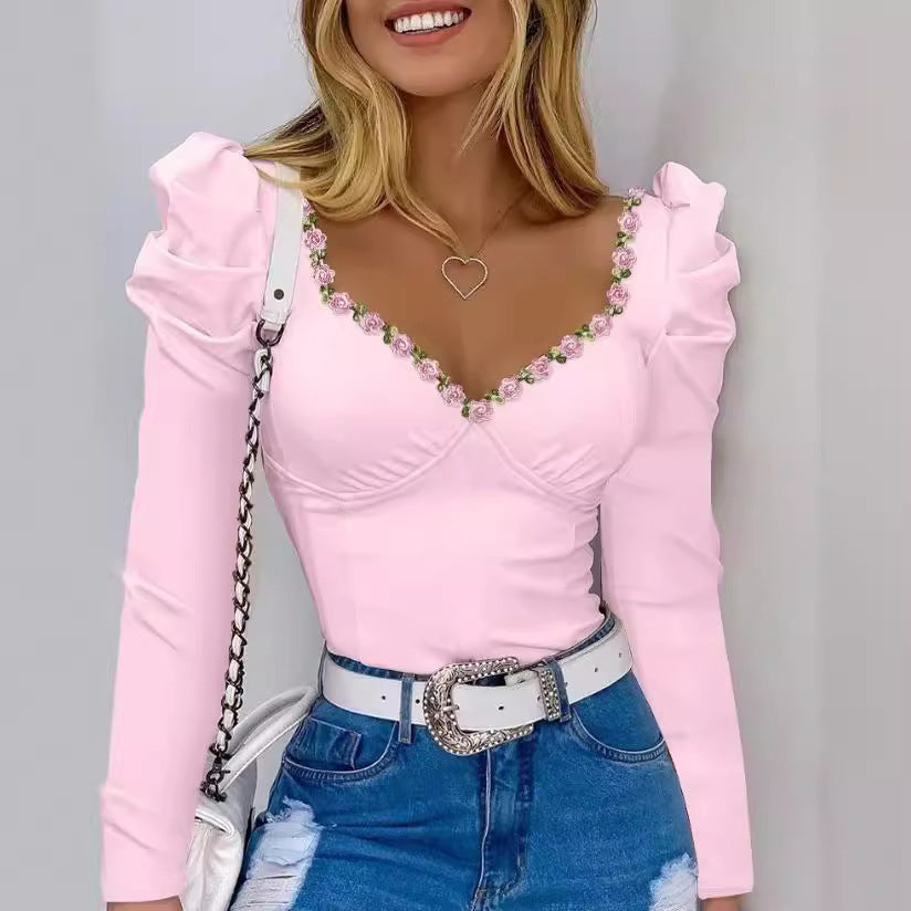 Rose Flower Embroidered Lace Ribbon Decor Puff Sleeve V-Neck Women's Long Sleeve Shirt