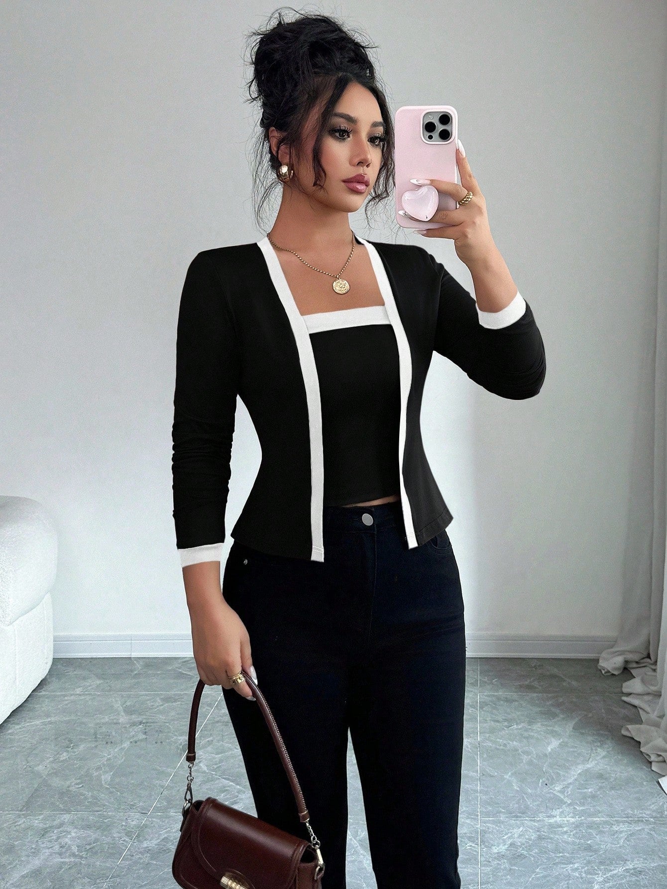 Colorblock Women's Cardigan Blazer Jacket + Vest 2-Piece Office Top