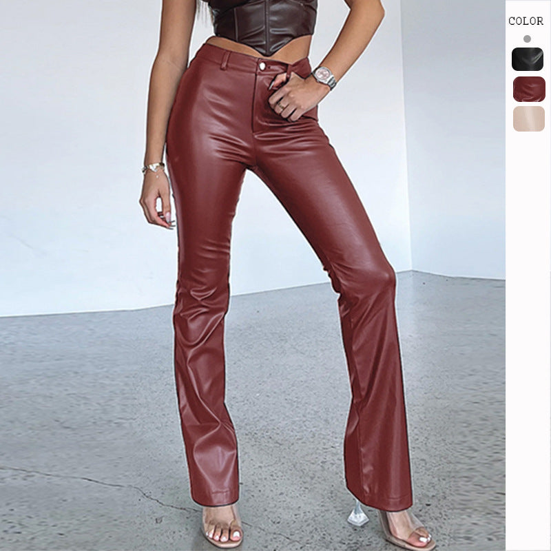 Button Fly High Elastic PU Leather Women's Trouser Pants