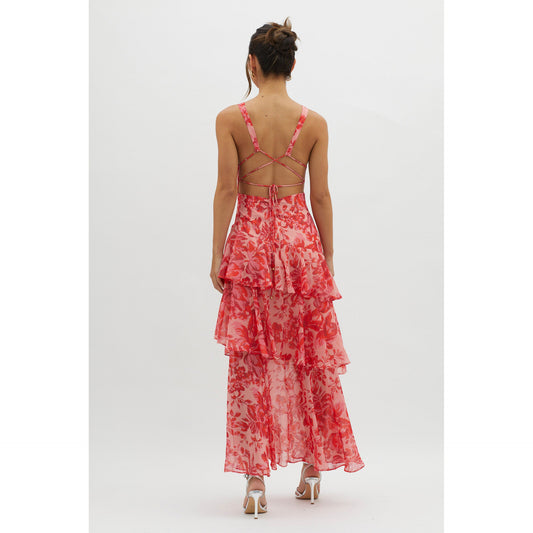 Tiered Sleeveless Floral Print Backless Multi-Layer V-Neck Maxi Dress