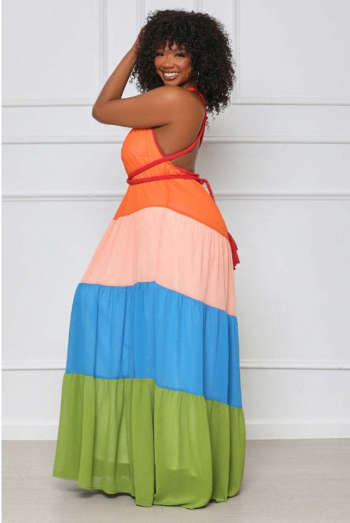 Chiffon Diagonal Colorblock Striped Print Spaghetti Strap V-Neck Maxi Sundress