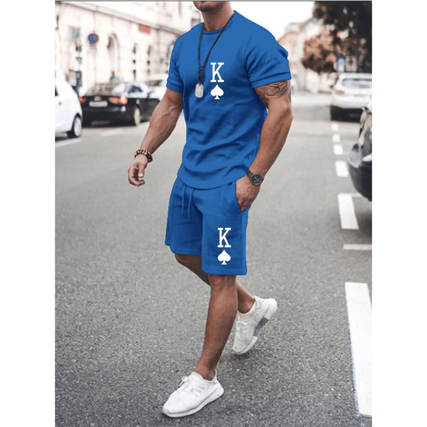 Men's King Of Spades Print Loose Solid Color Casual T-Shirt + Shorts 2-Piece Set