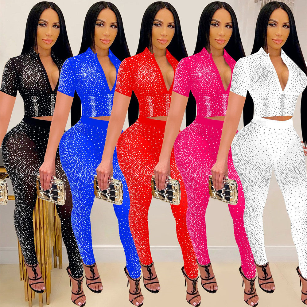 Mesh Hot Drill Women's Sparkling Rhinestone Sheer Short Sleeve V-Neck Crop Top + Skin Tight Leggings 2-Piece Set