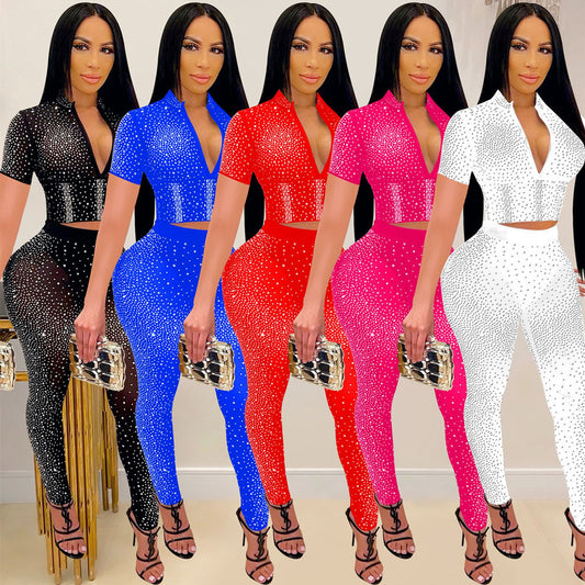 Mesh Hot Drill Women's Sparkling Rhinestone Sheer Short Sleeve V-Neck Crop Top + Skin Tight Leggings 2-Piece Set