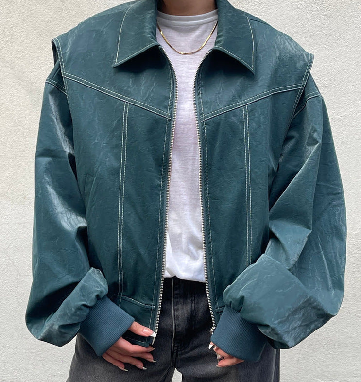 PU Leather Leopard/Solid Color Turn-Down Collar Long Sleeve Women's Motorcycle Biker Zipper Jacket
