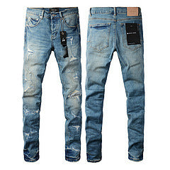 Men's Ripped Colorblock Tie-Dye Print Hip-Hop Stretch Skinny Jeans
