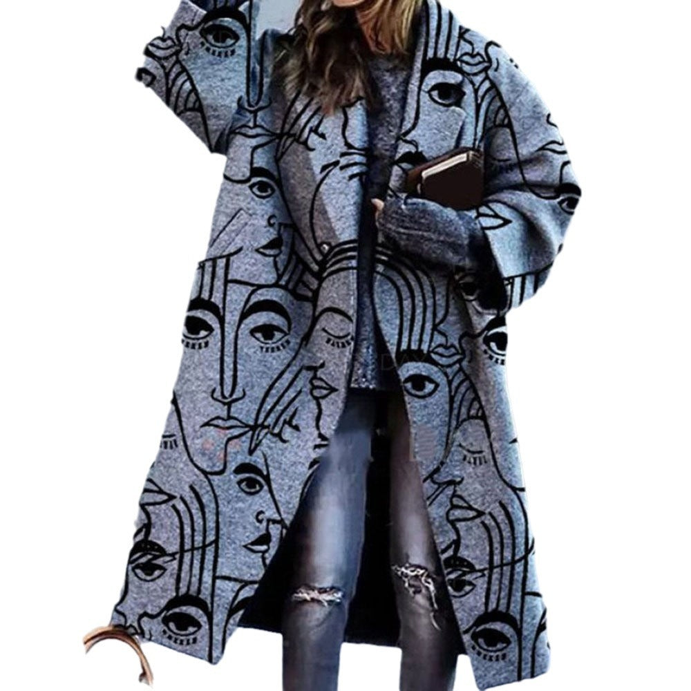 Plaid/Abstract Portrait/Flower/Solid Color Print Women's Long Sleeve Button-Up Trenchcoat to 5X Plus Size