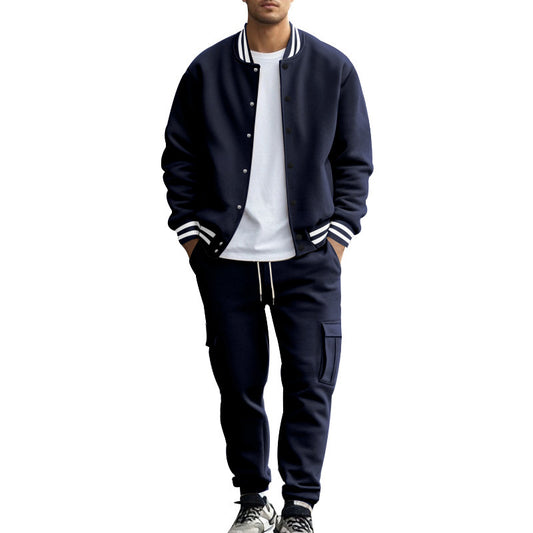 Men's Striped Stand Collar Fleece Lined Button-Up Baseball Bomber Jacket + Multi-Pocketed Cargo Sweatpants Tracksuit