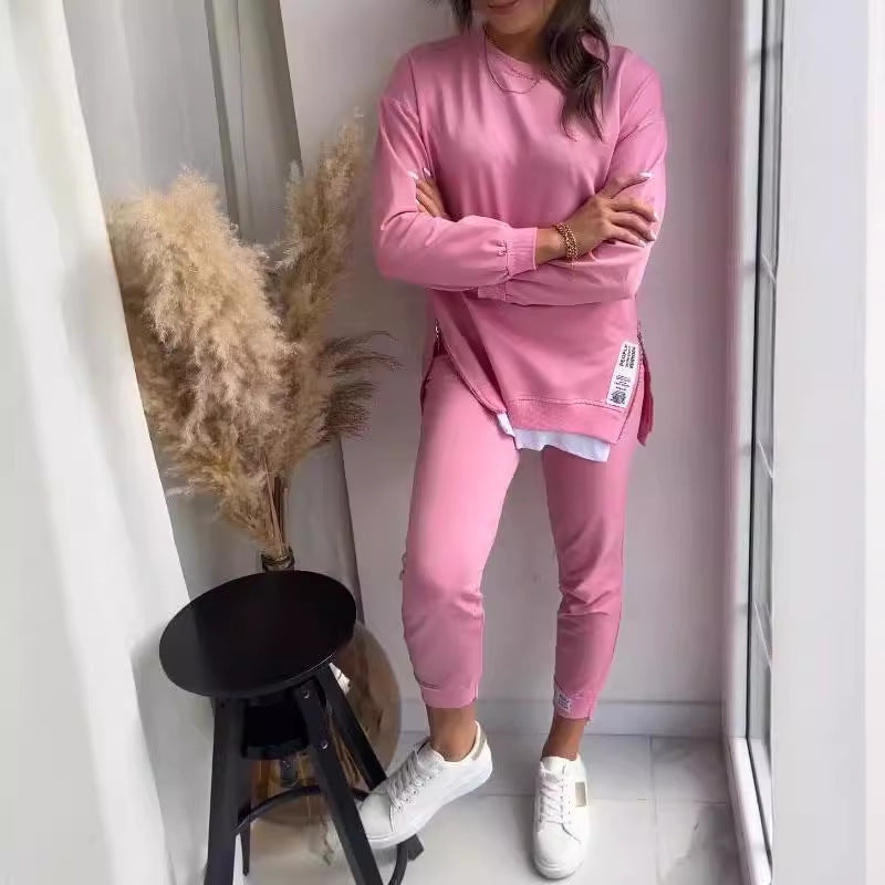 O-Neck Long Sleeve Women's Side Slit Design Sweatshirt + Skinny Sweatpants 2-Piece Set to 5X Plus Size