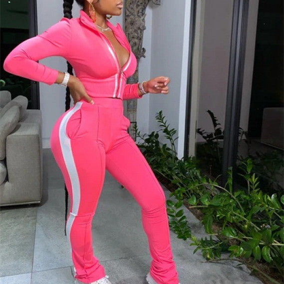 Skinny Side Striped Women's Zipper Sports Jacket + Skinny Sweatpants Tracksuit