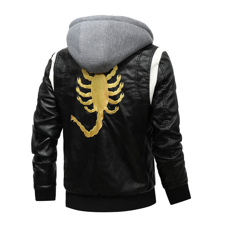 Men's PU Leather Scorpion Embroidered Back Design Drawstring Zipper Hoodie Jacket