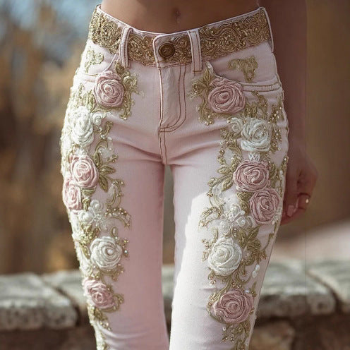 Soft Pink Vintage Rose Embroidered Print Women's Jeans to 3X Plus Size