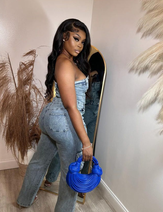 Denim Sky Blue  Stonewashed Faded V-Slit Sleeveless Embroidered Tube Top Women's Cargo Pocketed Jeans Jumpsuit