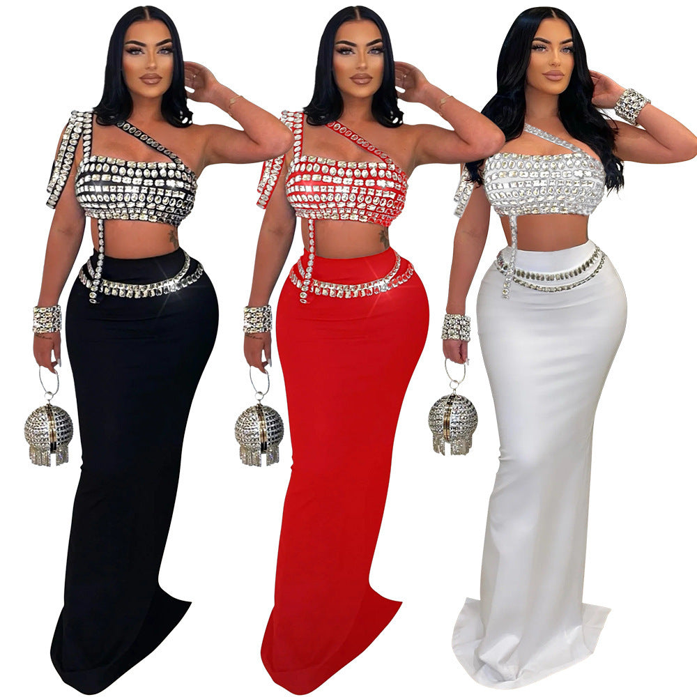 Draped Big Rhinestone Embellished Asymmetrical One Shoulder Crop Top+ Maxi Skirt Women's Formal 2-Piece Set