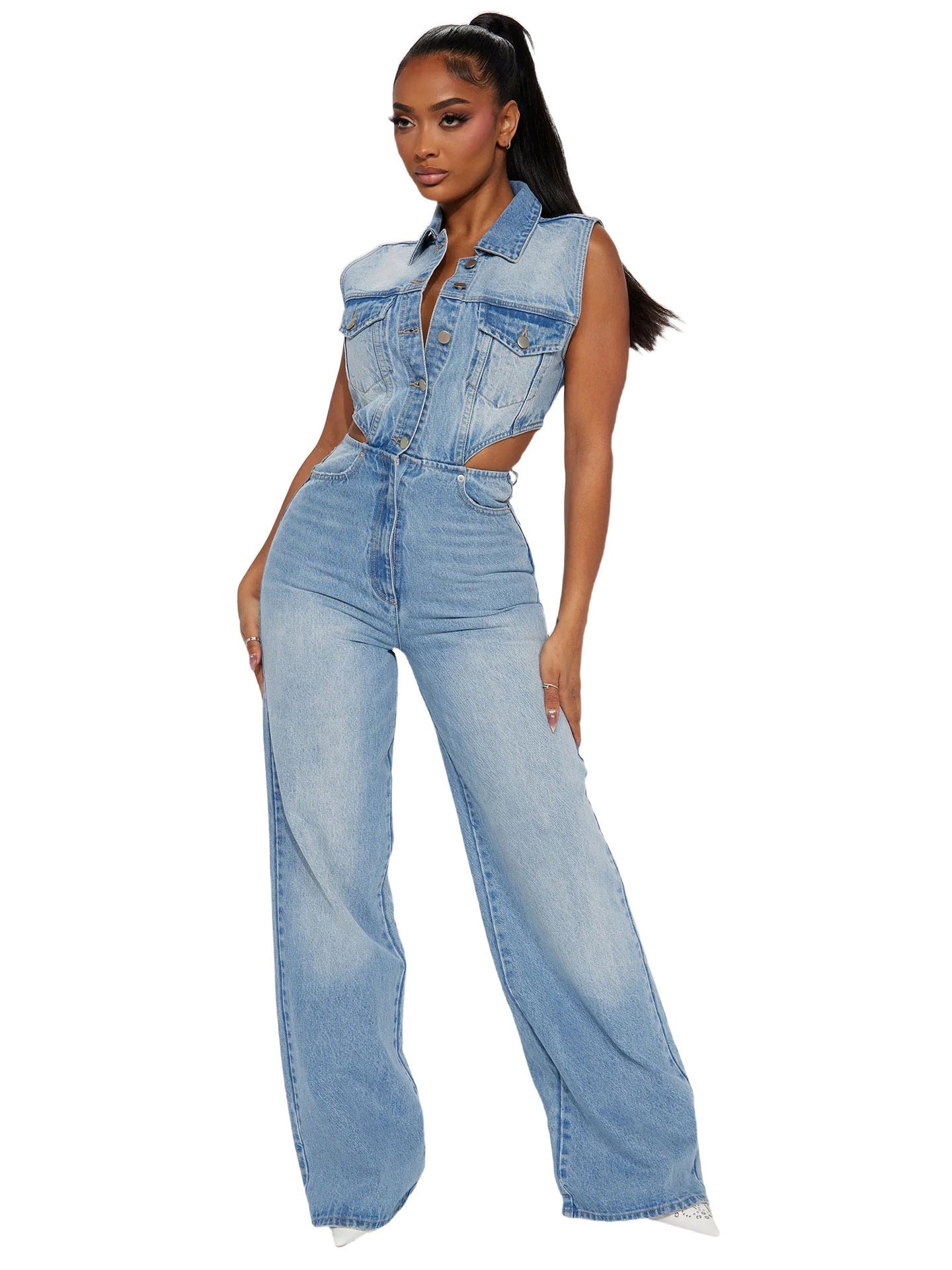 Denim Light Blue Gradient Washed Women's Hollow-Out Double Pocket Sleeveless Turn-Down Collar Overall Jean Jumpsuit