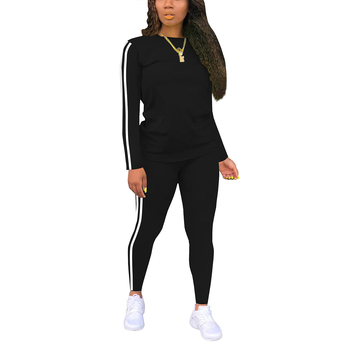 Side Striped Fitness O-Neck Women's Long Sleeve Top + Skinny Sweatpants 2-Piece Set