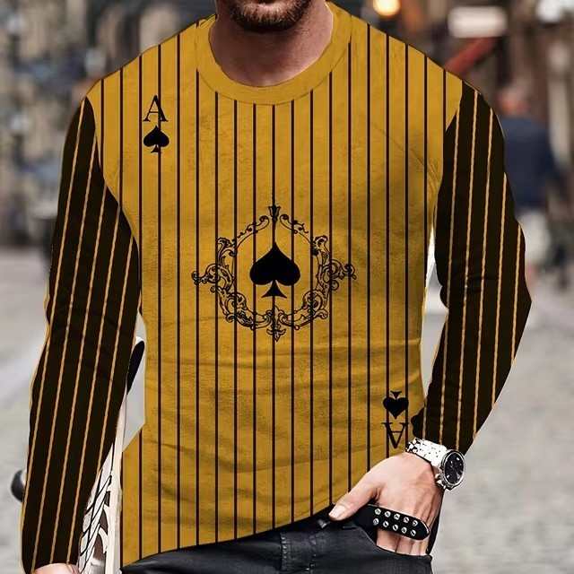 Men's Hip-Hop 3D Striped/Solid Playing Card Letter Digital Print Long Sleeve T-Shirt