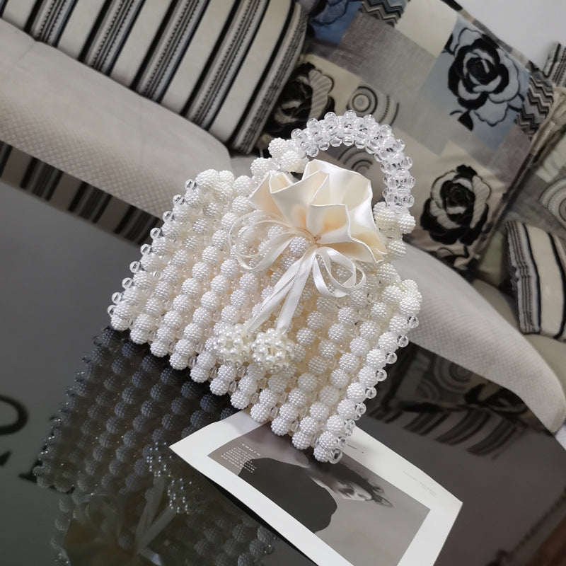 Satin Pearl Beaded Bowknot Decor Square French Niche Hand-Weaved Dinner Satchel Purse