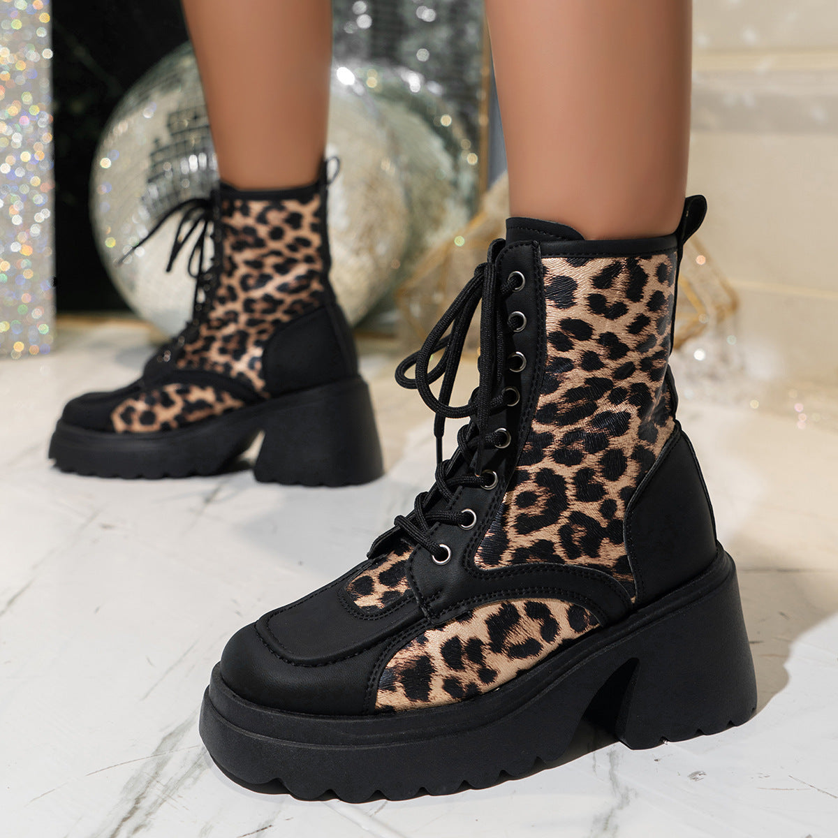 Leopard Print Chunky Heel Lace-Up Platform Women's Ankle Boots