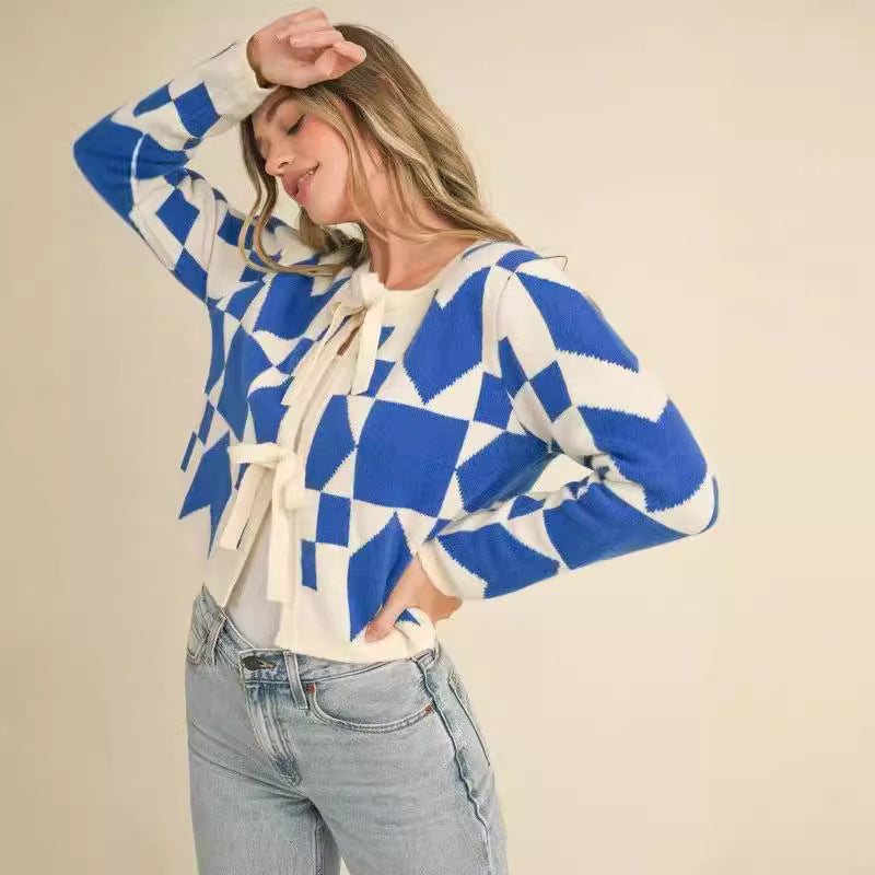 Geometric Pattern Lace-Up Cardigan Long Sleeve Women's Sweater