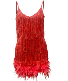 Tassel Sequin Feather Design Sleeveless V-Neck Spaghetti Strap Formal Mini Party Dress to 3X Plus Size