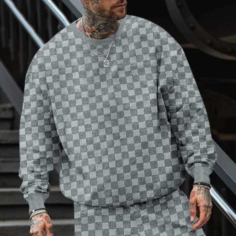 Men's Jacquard Checker Plaid Print Knitted Long Sleeve T-Shirt