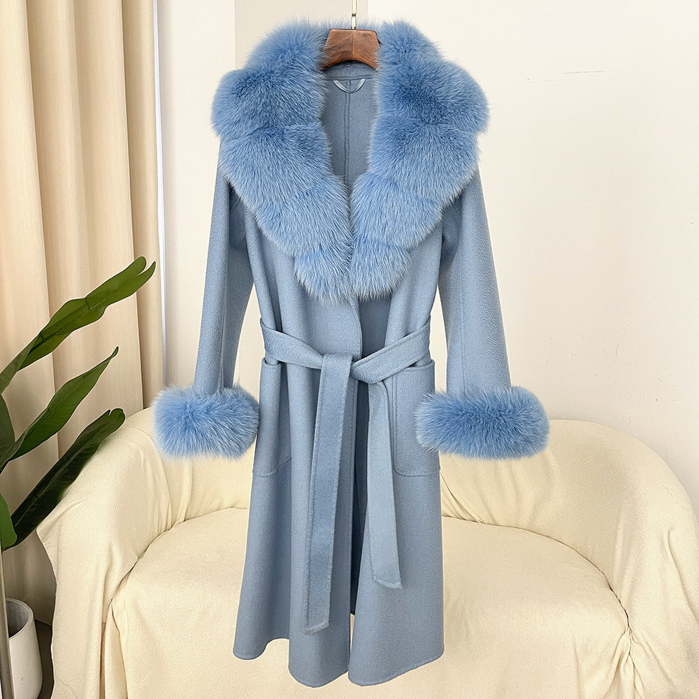 Oversized Fur Collar Double Sided Water Ripple Wool Women's Trenchcoat