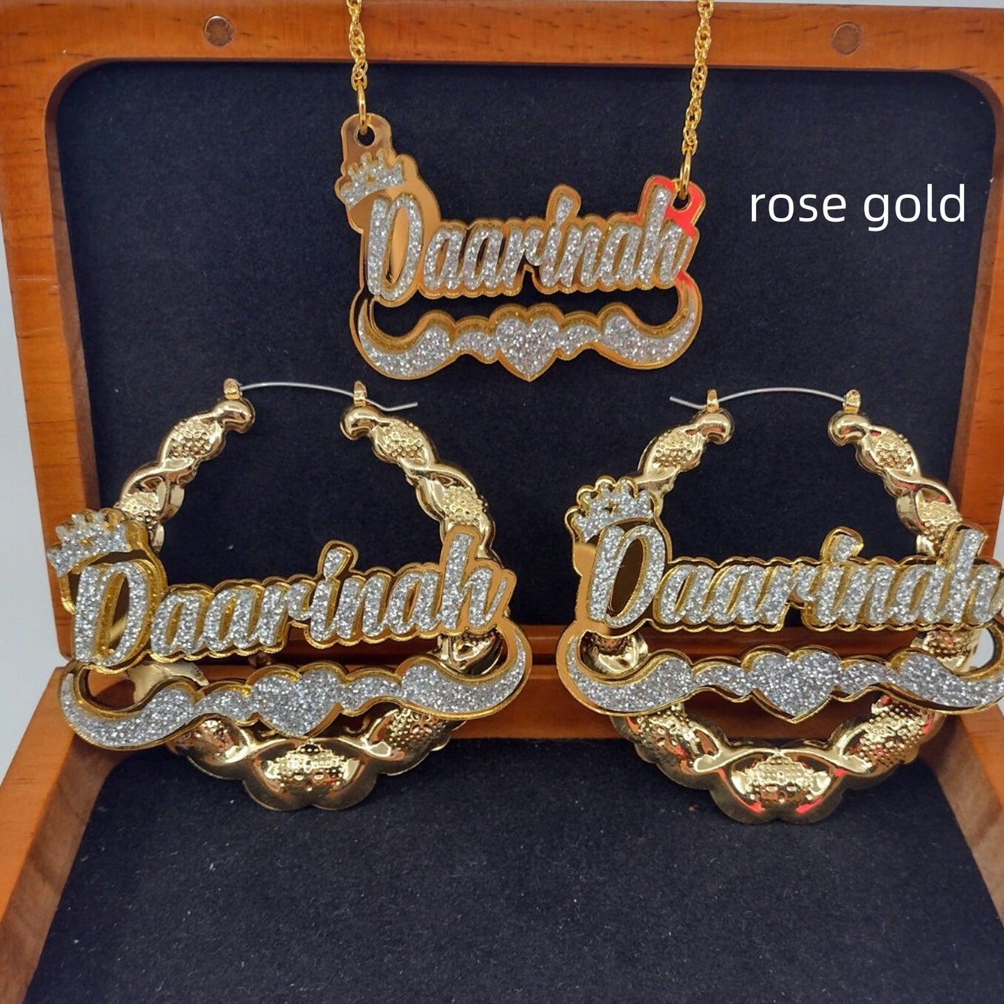 Customized Vintage Hip-Hop Nameplate Chain Necklace + Hoop Earring Set