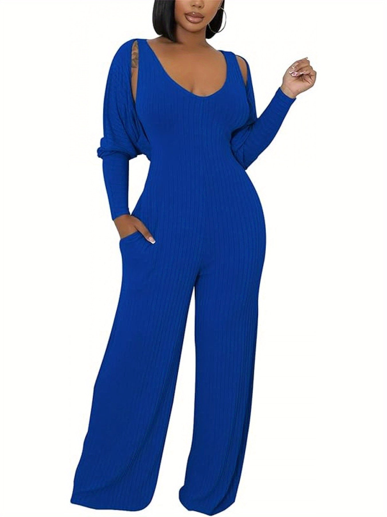 Ribbed Knitted Solid Color Batwing Sleeve Blazer + U-Neck Women's Sleeveless Jumpsuit 2-Piece Set