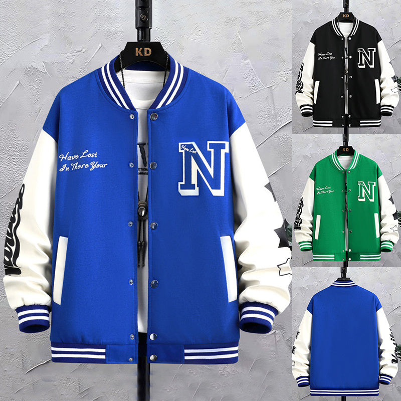 Men's Colorblock Letter Print Loose Button-Up O-Neck Hip-Hop Baseball Varsity Bomber Letterman's Jacket
