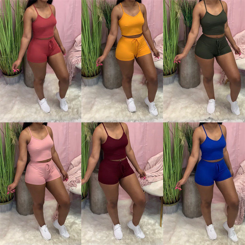 Solid Color Women's Fitness Crop Tank Top + Drawstring Elastic Waist Gym Shorts 2-Piece Set