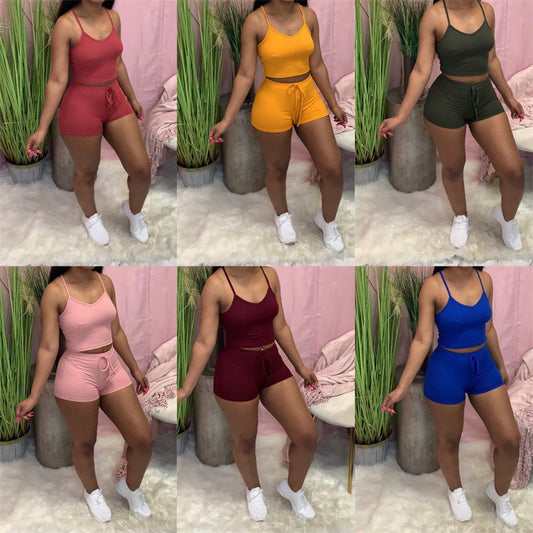 Solid Color Women's Fitness Crop Tank Top + Drawstring Elastic Waist Gym Shorts 2-Piece Set