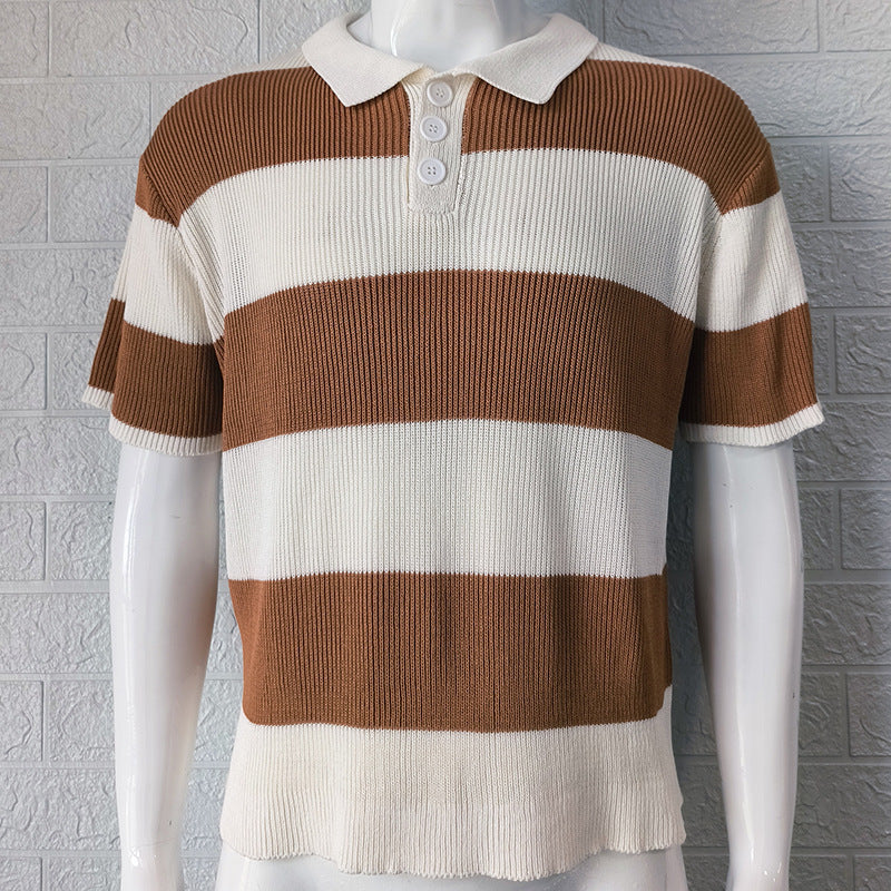 Men's Ribbed Knitted Striped Short Sleeve Turn-Down Collar Sweater Polo Shirt