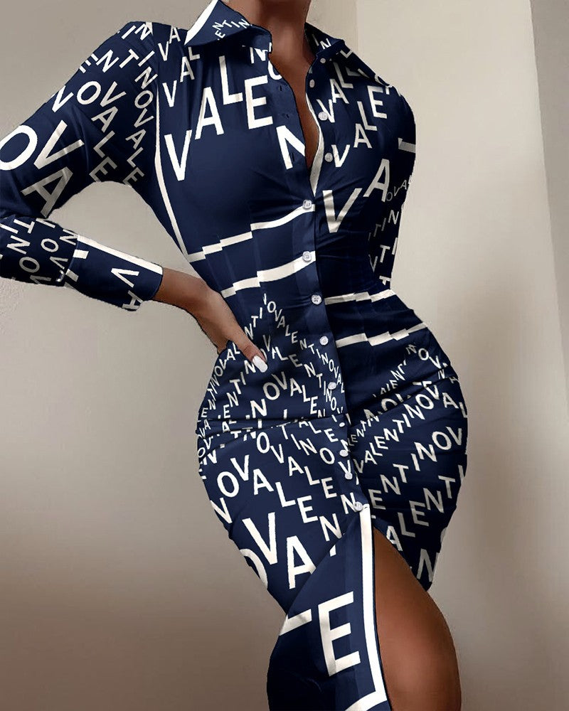 Floral/Striped/Baroque/ Geometric/Colorblock Button-Up Long Sleeve Turn-Down Collar Shirt Dress