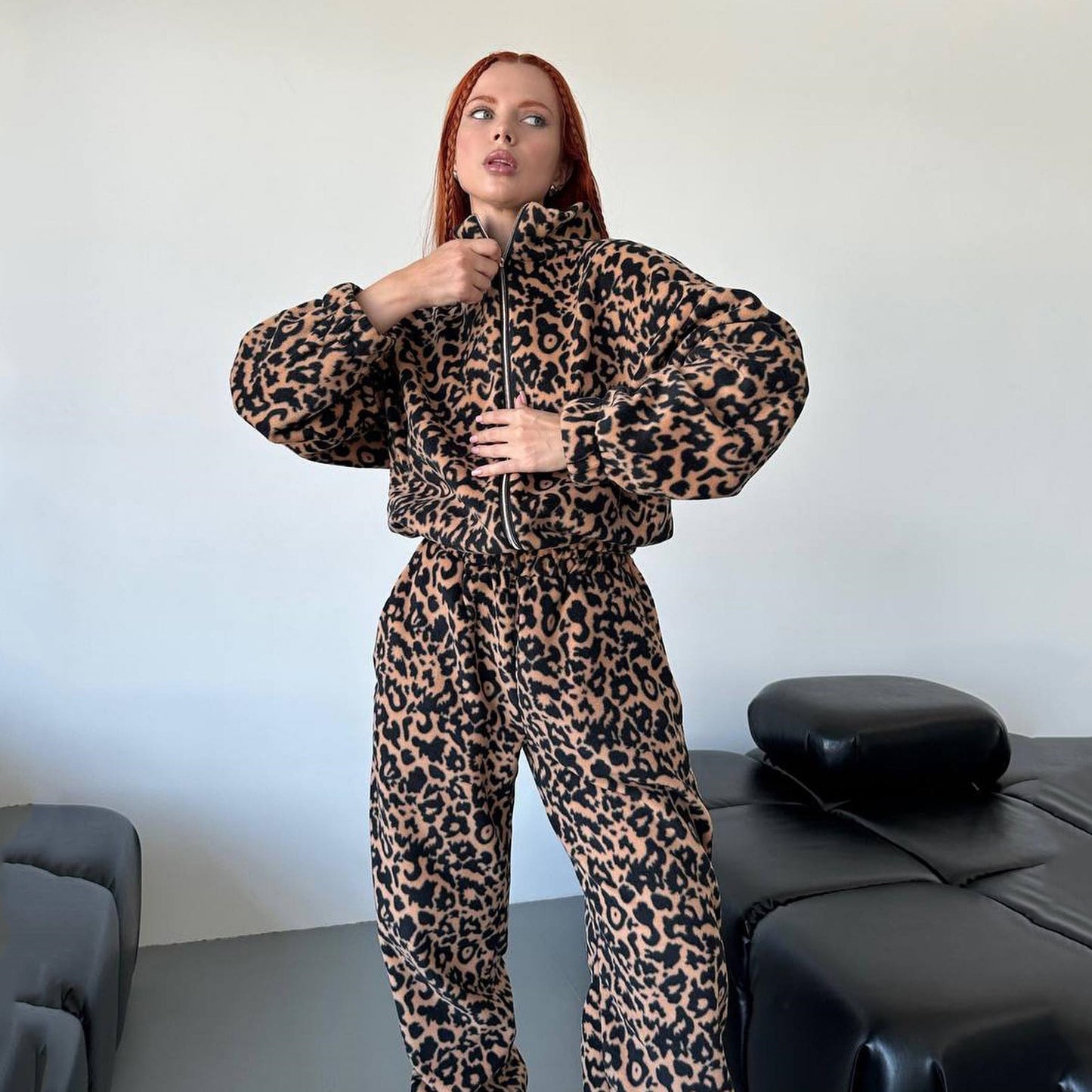 Leopard Print Long Sleeve Women's Zipper Sports Jacket + Matching Sweatpants Tracksuit Suit