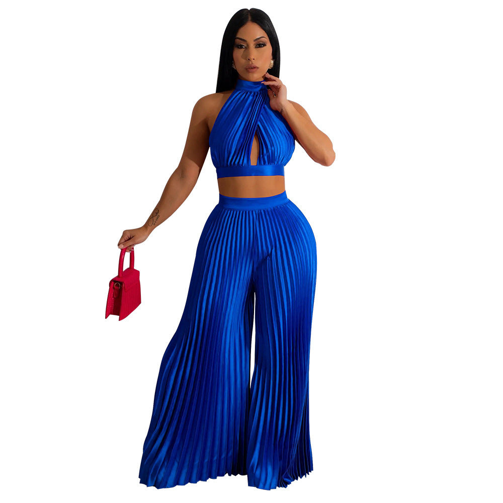 Pleated Women's Halter Silky Crop Top + Elastic Waist Wide Leg Pants 2-Piece Set