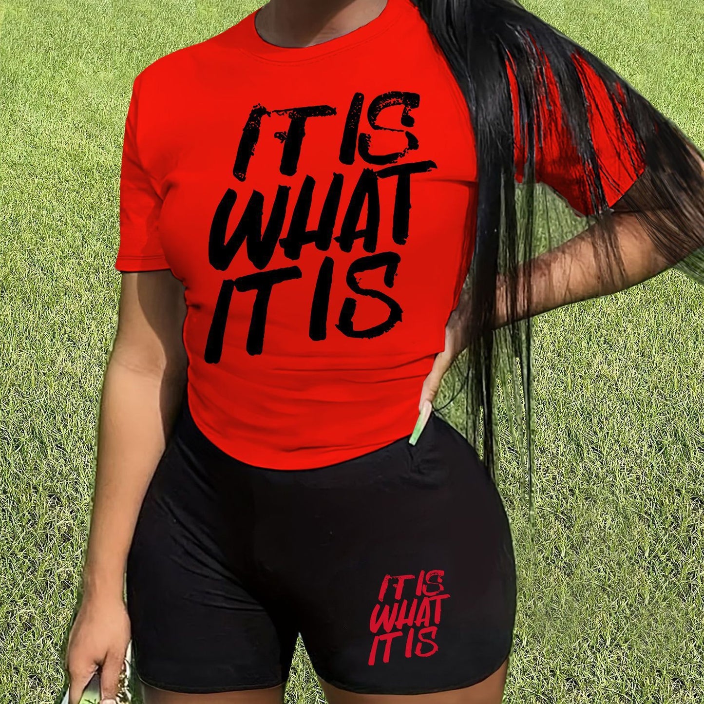"It Is What It Is" Women's O-Neck T-Shirt + Matching Mini Shorts 2-Piece Set