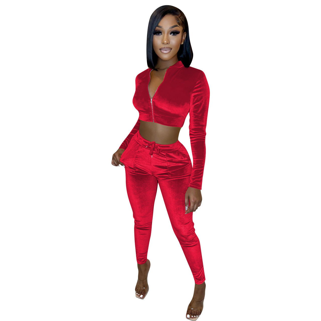 Velvet Solid Color Cropped Zipper Jacket + Drawstring Sweatpants Women's Tracksuit