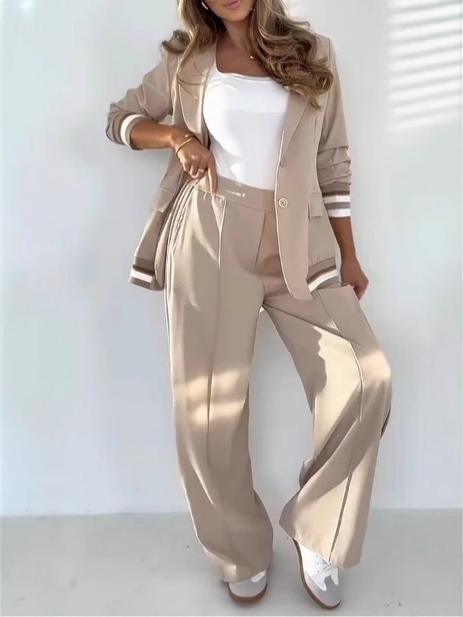 Side Striped Single Button Women's Blazer Jacket + Wide Leg High Waist Trouser Pants Suit to 4X Plus Size