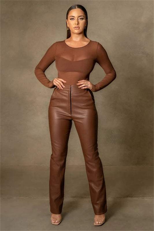 PU Leather Women's Solid Color Trouser Pants