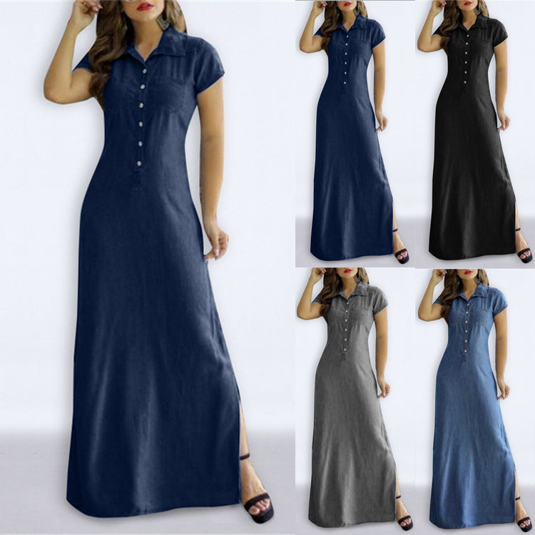 Denim Button-Up Short Sleeve Maxi Jean Dress to 5X Plus Size