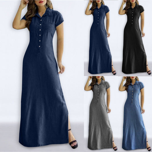 Denim Button-Up Short Sleeve Maxi Jean Dress to 5X Plus Size