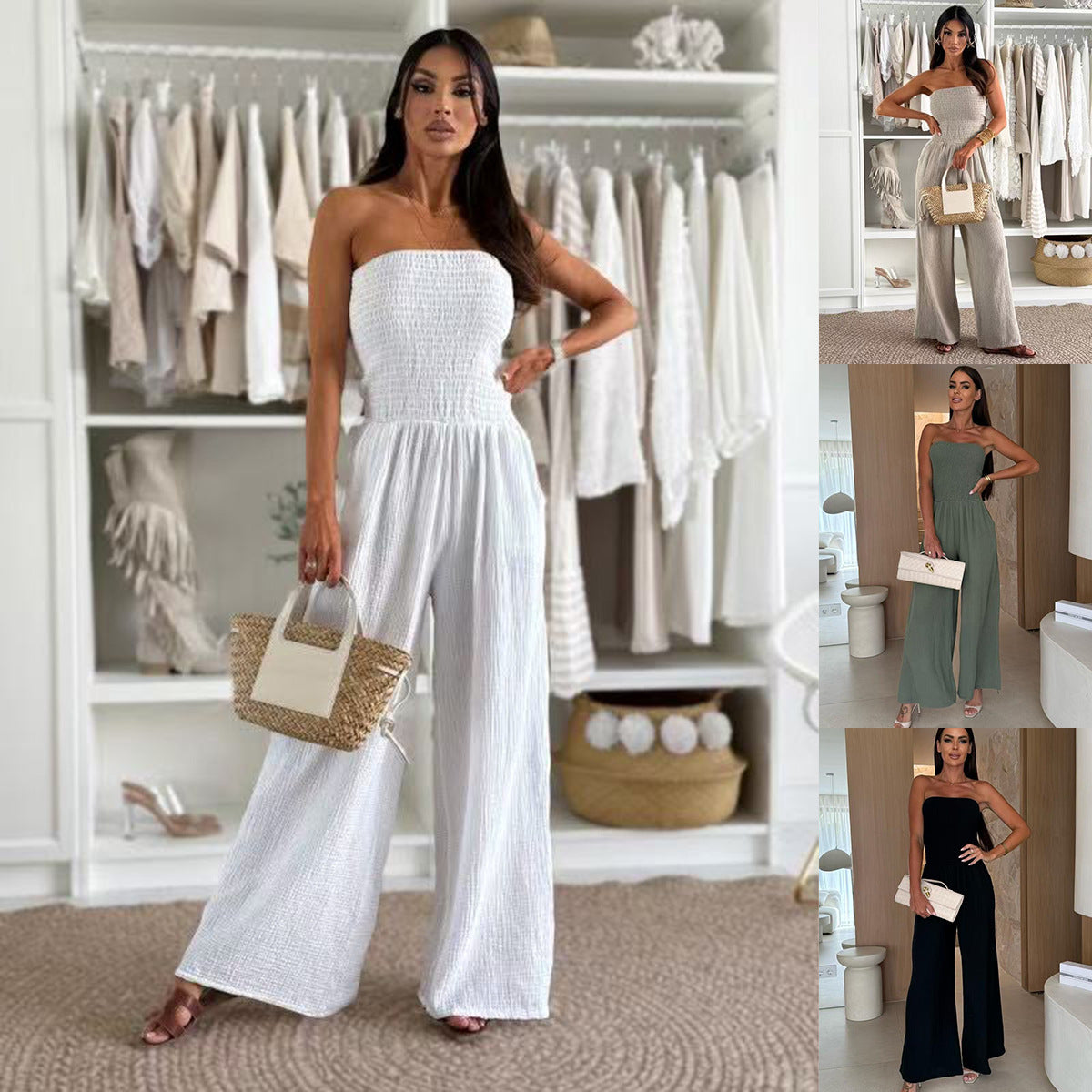 Sleeveless Double Layer Cotton Solid Color Pocketed High Waist Wide Leg Women's Tube Jumpsuit