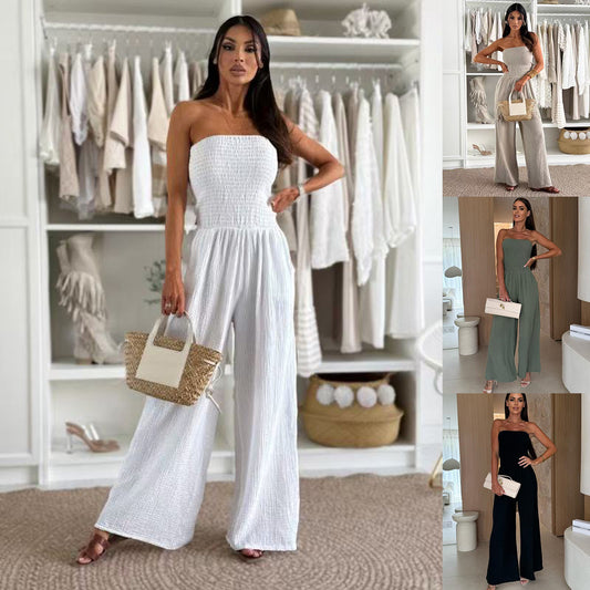 Sleeveless Double Layer Cotton Solid Color Pocketed High Waist Wide Leg Women's Tube Jumpsuit
