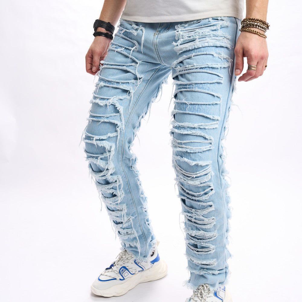 Men's Denim Rioped Baby Blue Fringe Pattern Hip-Hop Skinny Jeans