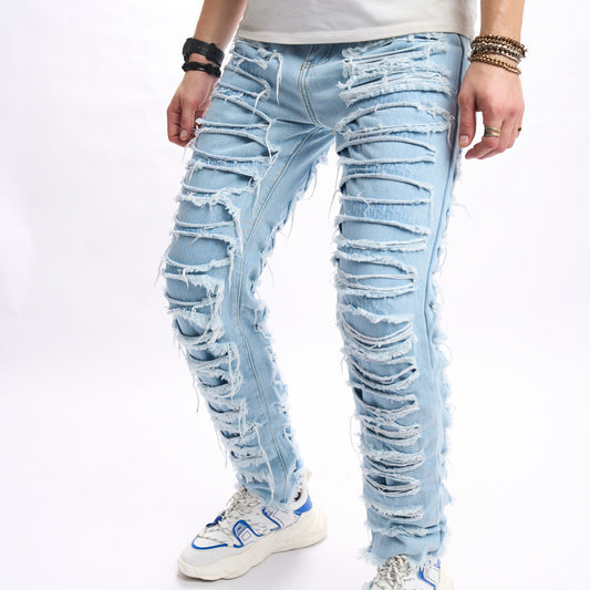 Men's Denim Rioped Baby Blue Fringe Pattern Hip-Hop Skinny Jeans