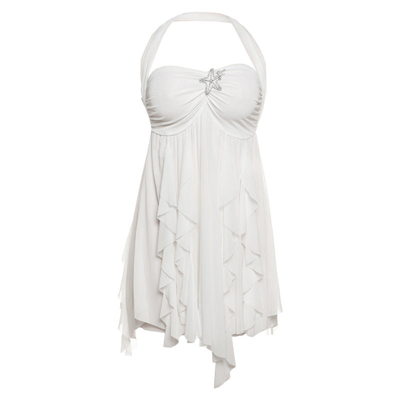 Halter Neck Backless  Printed Irregular Mesh Mini Dress