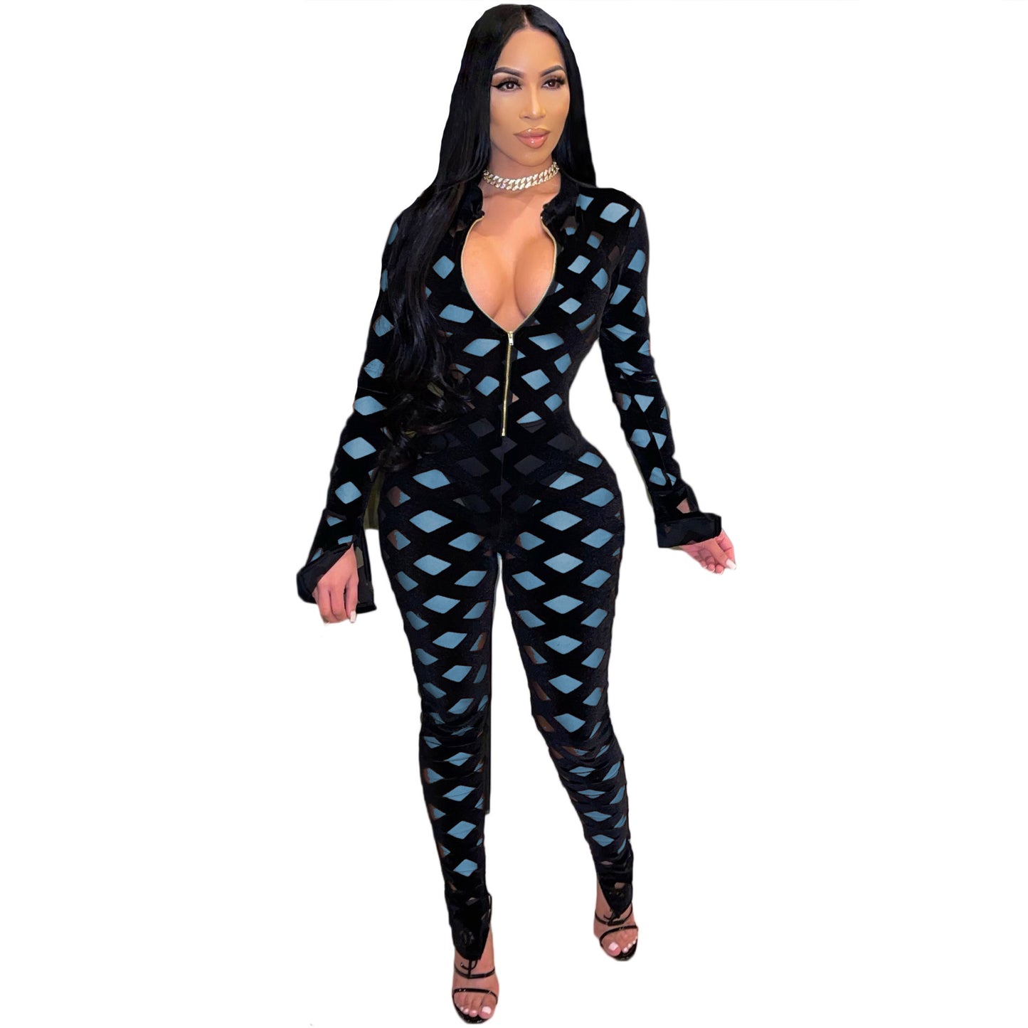 Mesh Sheer CrissCross Colorblock Pattern Women's Long Sleeve Deep V-Neck Skinny Women's Zipper Jumpsuit