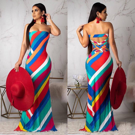 Rainbow Striped Colorblock Print Criss-Cross Back Tube Maxi Dress