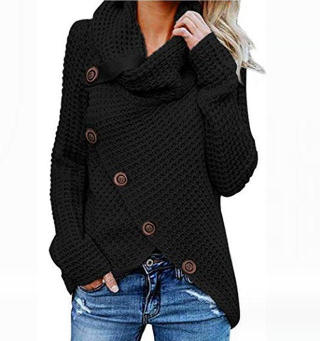 Turtleneck Button Design Long Sleeve Irregular Knitted Sweater